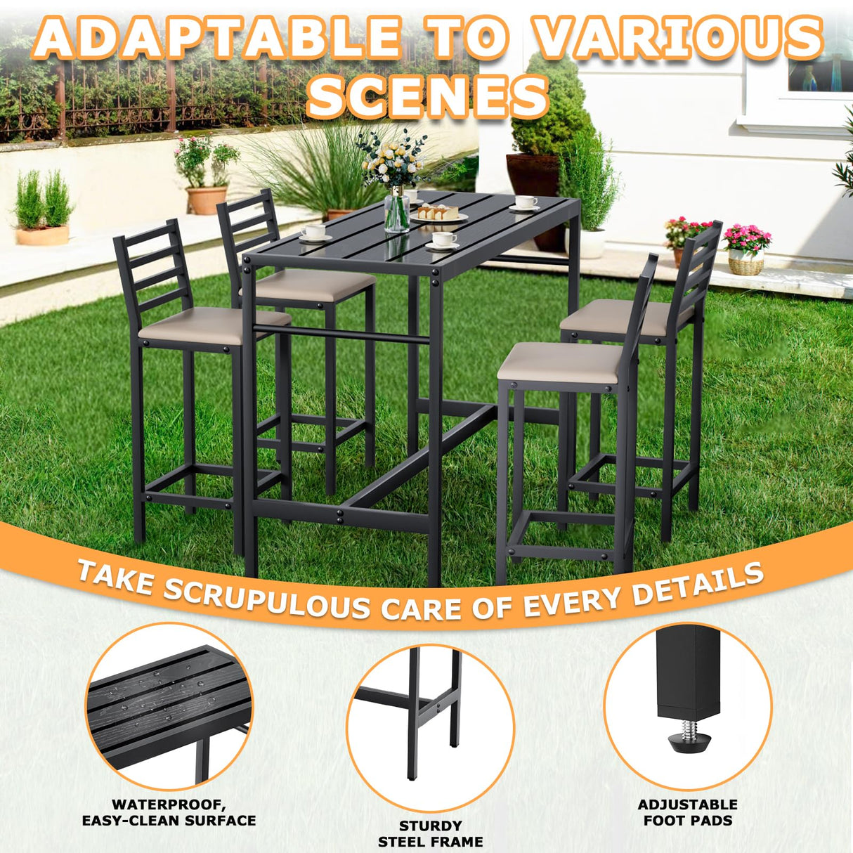 Jinrrenyi 5 Piece Outdoor Patio Bar Set, 54.7" Rectangular Counter Height High Top Bar Tables, 4 Cushioned 41" Bar Stools, Metal Bar Table and Chairs Set for Poolside, Balcony, Backyard, Porch Jinrrenyi