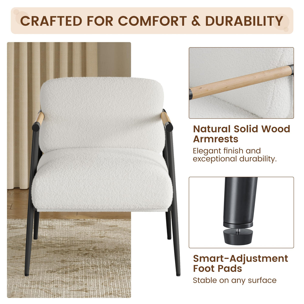 GarveeHome Comfy Chair, Modern Accent Chair with Metal Frame, Cozy Reading Chair with Soft Cushion & Wood Armrest for Bedroom, Living Room, White GarveeHome