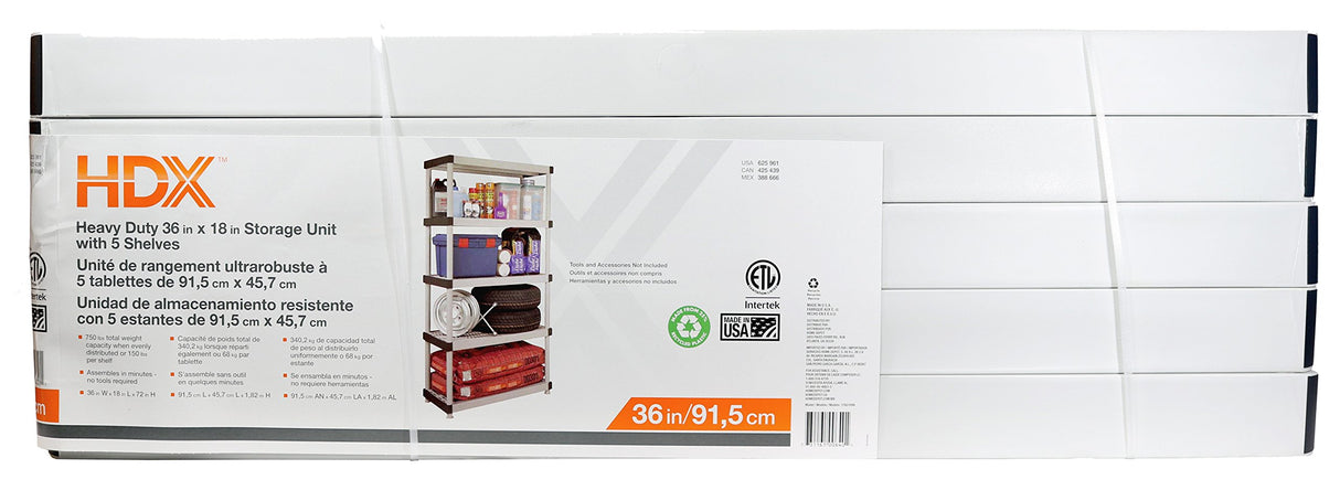 HDX 36” x 72” 5-Tiered Ventilated Plastic Storage Shelving Unit w/ Raised Feet and Tool-Free Assembly Hardware & Outdoor