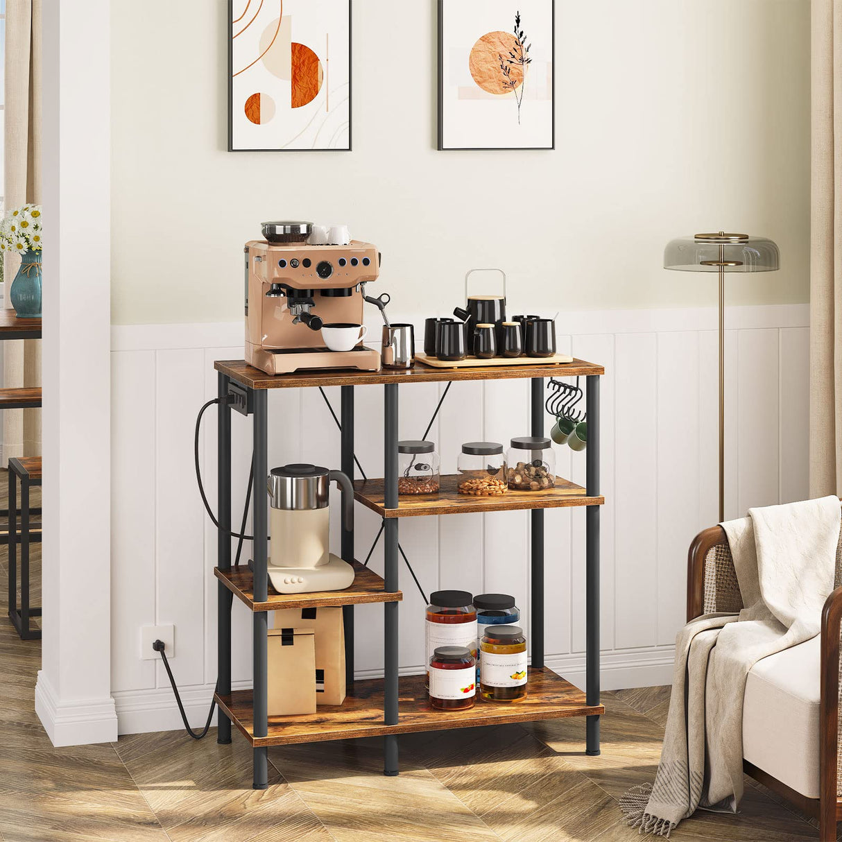 HOOBRO Bakers Rack with Power Outlet, Microwave Stand with 5 S-Shaped Hooks, Coffee Bar, Kitchen Storage Shelf, for Kitchen, Living Room, Rustic Brown and Black BF07UHB01 HOOBRO