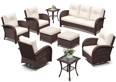 Vakollia 9 Pieces Patio Furniture Sets, Wicker Rattan High Back Outdoor Swivel Rocking Chairs Set with 3-Seat Couch, Ottomans and Side Table Vakollia