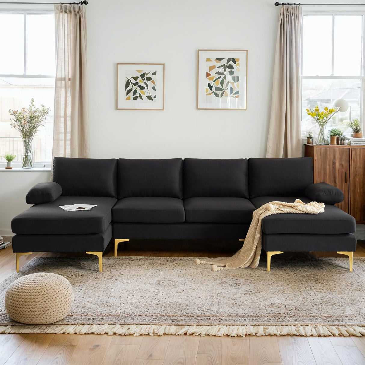 VINGLI 110" Modern U Shaped Sectional Couch with 51"D Double Chaise for Living Room, Black Deep Seat Sectional Sofa Sets with 5.9" Thickness Seating Padding for Home Furniture,Linen Fabric,Metal Legs VINGLI