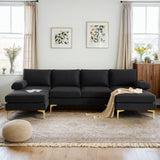VINGLI 110" Modern U Shaped Sectional Couch with 51"D Double Chaise for Living Room, Black Deep Seat Sectional Sofa Sets with 5.9" Thickness Seating Padding for Home Furniture,Linen Fabric,Metal Legs VINGLI
