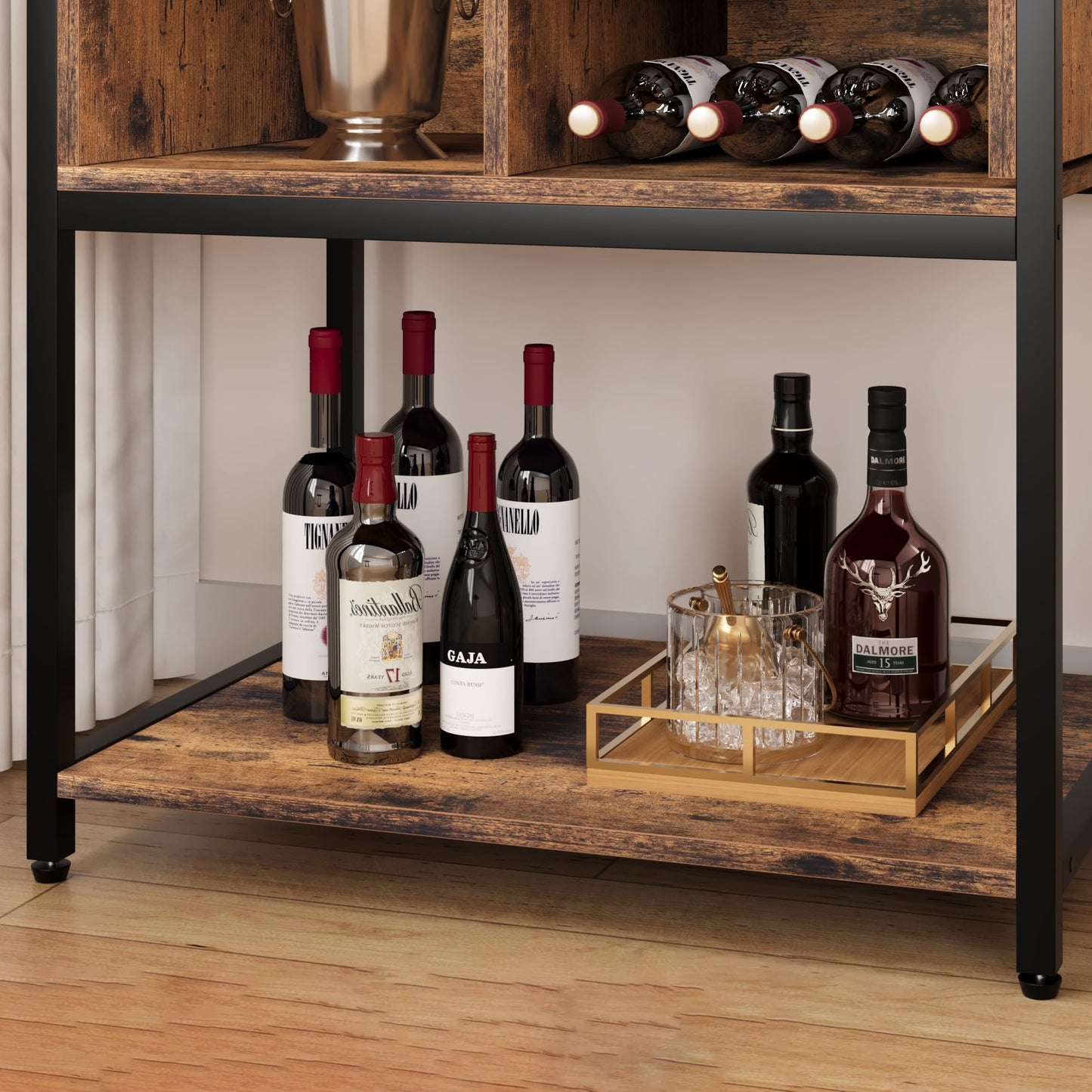 Emorefun Tall Wine Rack Freestanding Floor, 5-Tier Wine Baker Rack with Glass Holder & Wine Storage, Industrial Liquor Storage Cabinet for Kitchen, Bar, Dining Room, Rustic Brown