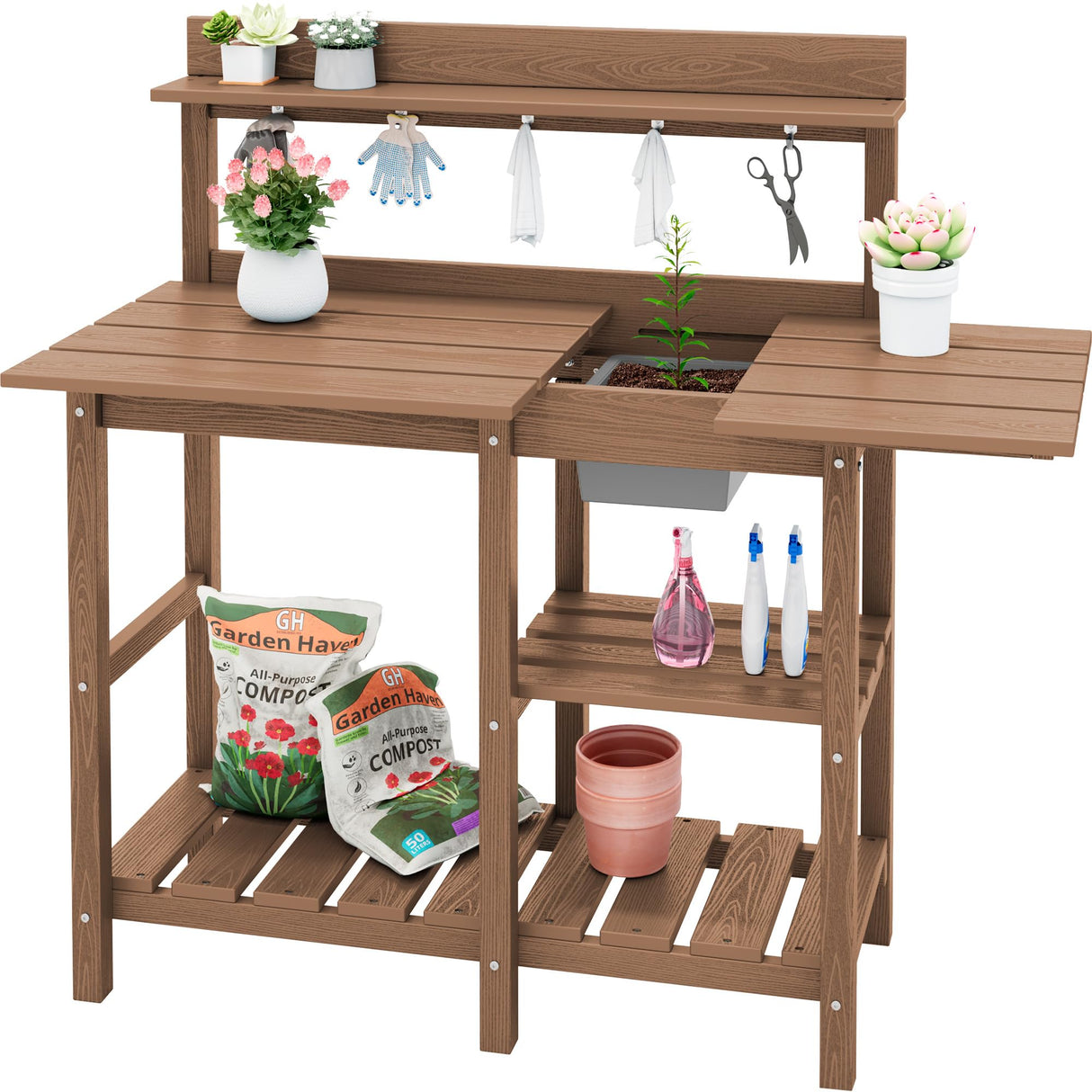 SERWALL Potting Bench Outdoor Potting Table with Sink, HDPE Potting Benches for Outside Gardening Table All Weather Use- Brown SERWALL