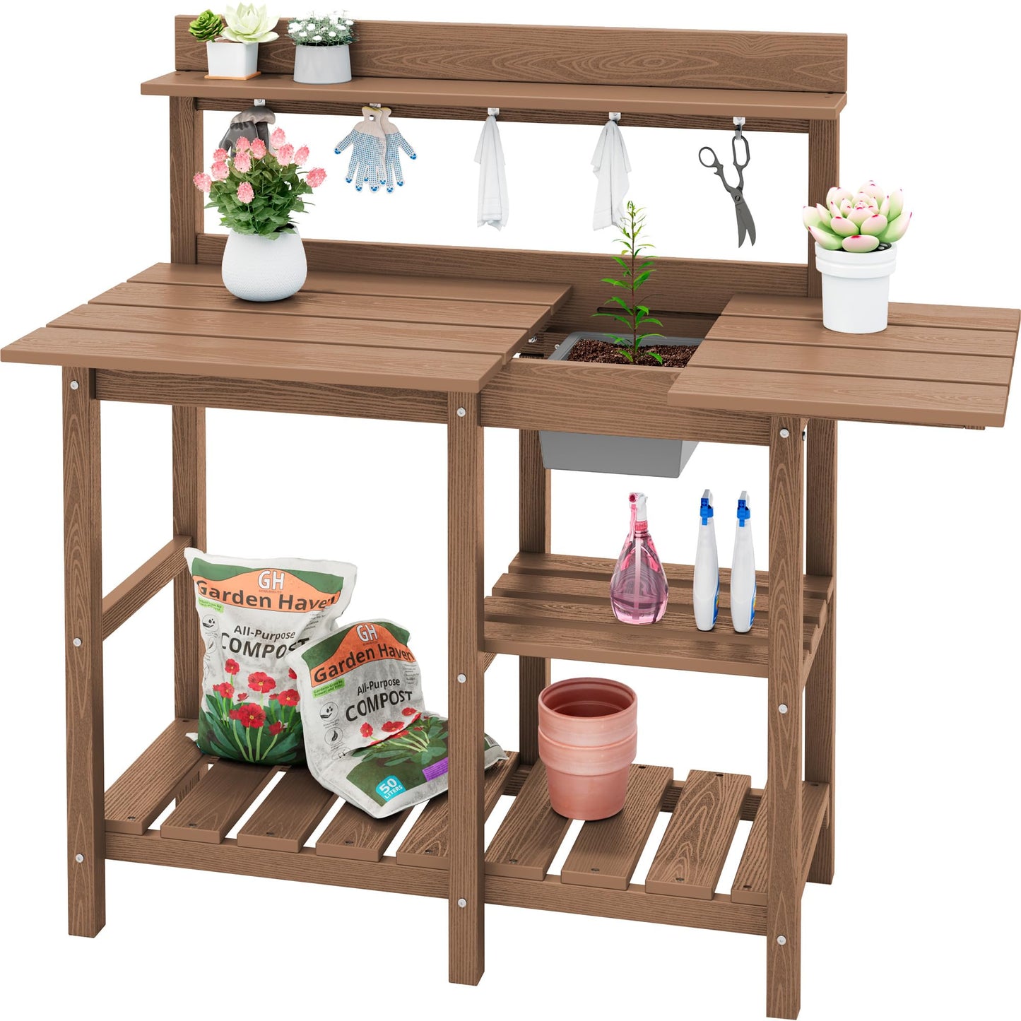 SERWALL Potting Bench Outdoor Potting Table with Sink, HDPE Potting Benches for Outside Gardening Table All Weather Use- Brown - WoodArtSupply