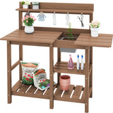 SERWALL Potting Bench Outdoor Potting Table with Sink, HDPE Potting Benches for Outside Gardening Table All Weather Use- Brown SERWALL