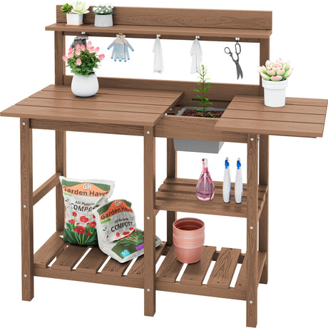 SERWALL Potting Bench Outdoor Potting Table with Sink, HDPE Potting Benches for Outside Gardening Table All Weather Use- Brown SERWALL