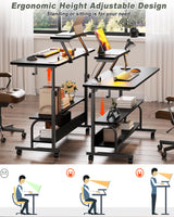 Height Adjustable Standing Desk with Power Outlets and LED Lights - 39" Manual Stand Up Desk with Monitor Stand and Storage Shelves Small Mobile Rolling Computer Desk Portable Laptop Table, Black Besiost