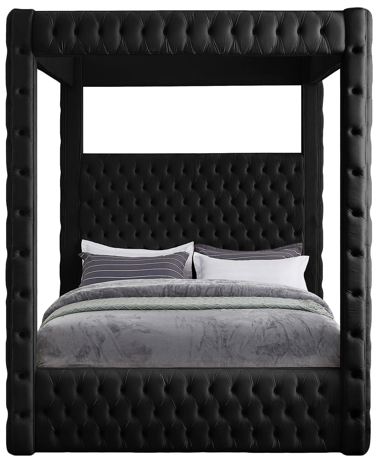 Meridian Furniture RoyalBlack-K Royal Collection Modern | Contemporary Velvet Upholstered King Bed with Soft Black Velvet, Deep Elegant Tufting, Canopy, 86.5" W x 89" D x 87" H, Black, King Meridian Furniture