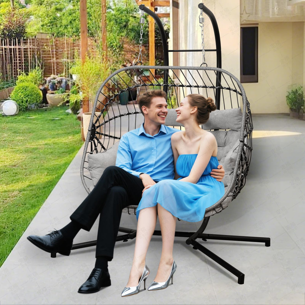 Double Egg Swing Chair with Stand Patio Rattan Wicker Hammock Chairs Outdoor Indoor Egg Swing Chair with Cushion Headrest 550 Lbs Capacity for Bedroom Balcony Garden Porch Backyard, Grey Olaterior