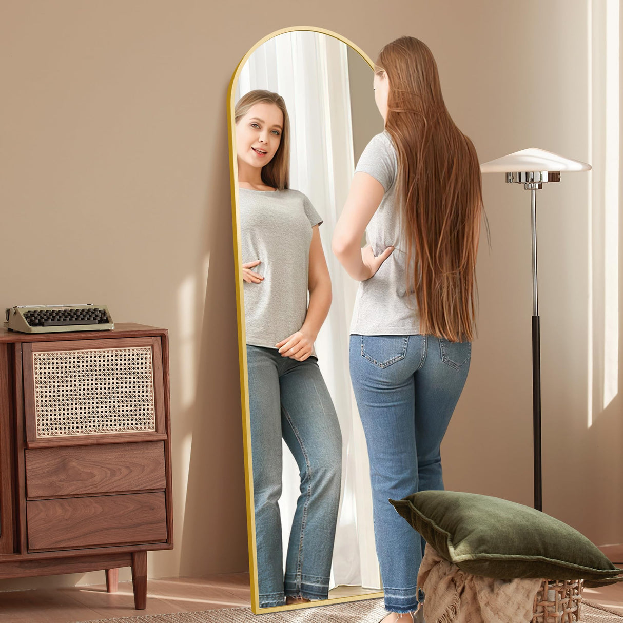 GlasFlength 58"x18" Arched Full Length Mirror, Elegant Full Body Mirror with Stand for Bedroom & Cloakroom, Gold GlasFlength