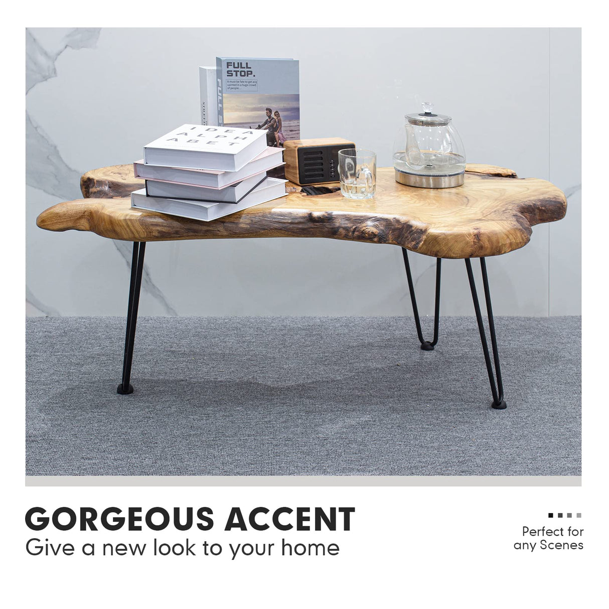 BTEOBFY Natural Wood Edge Contemporary Coffee Cocktail Table, Live Edge Coffee Table,Living Room Coffee Table with Clear Lacquer Finish and Metal Hairpin Legs,Unique Desktop BTEOBFY