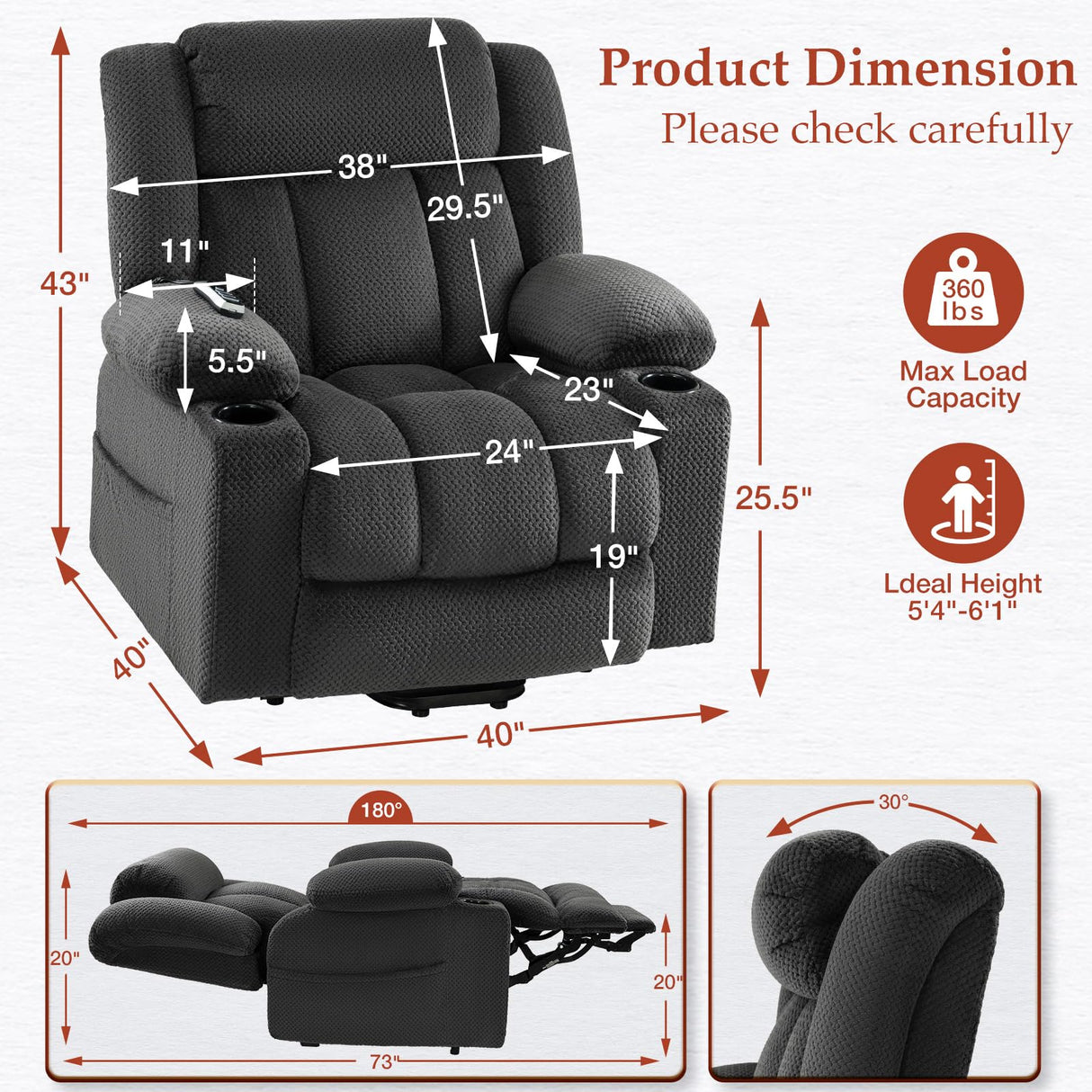 Neioml 3 Motor Large-Wide Lift Chair, Infinite Position, 180° Lay Flat, Power Lift Chairs Recliners for Elderly Big and Tall, Massage & Heat, Extended Footrest, Soft Plush Flannel (Gray) Neioml