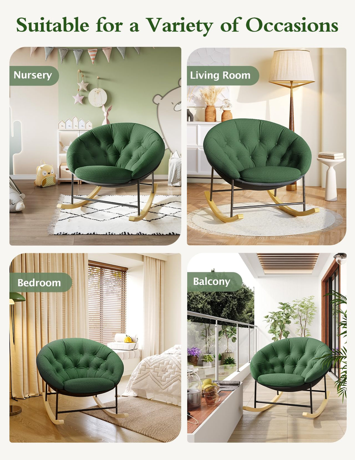 Kidirect Saucer Rocking Chair Nursery, Modern Upholstered Nursery Rocking Chairs and Round Comfy Chair with Cozy Cushion, Comfy Papasan Nursing Chairs for Reading, Fits Living Room &Bedroom &Classroom Kidirect