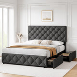 GAOMON Queen Size Bed Frame with 4 Storage Drawers and Headboard, Linen Upholstered Platform Bed Frame, Diamond Stitched Button Tufted, No Box Spring Needed, Dark Grey GAOMON