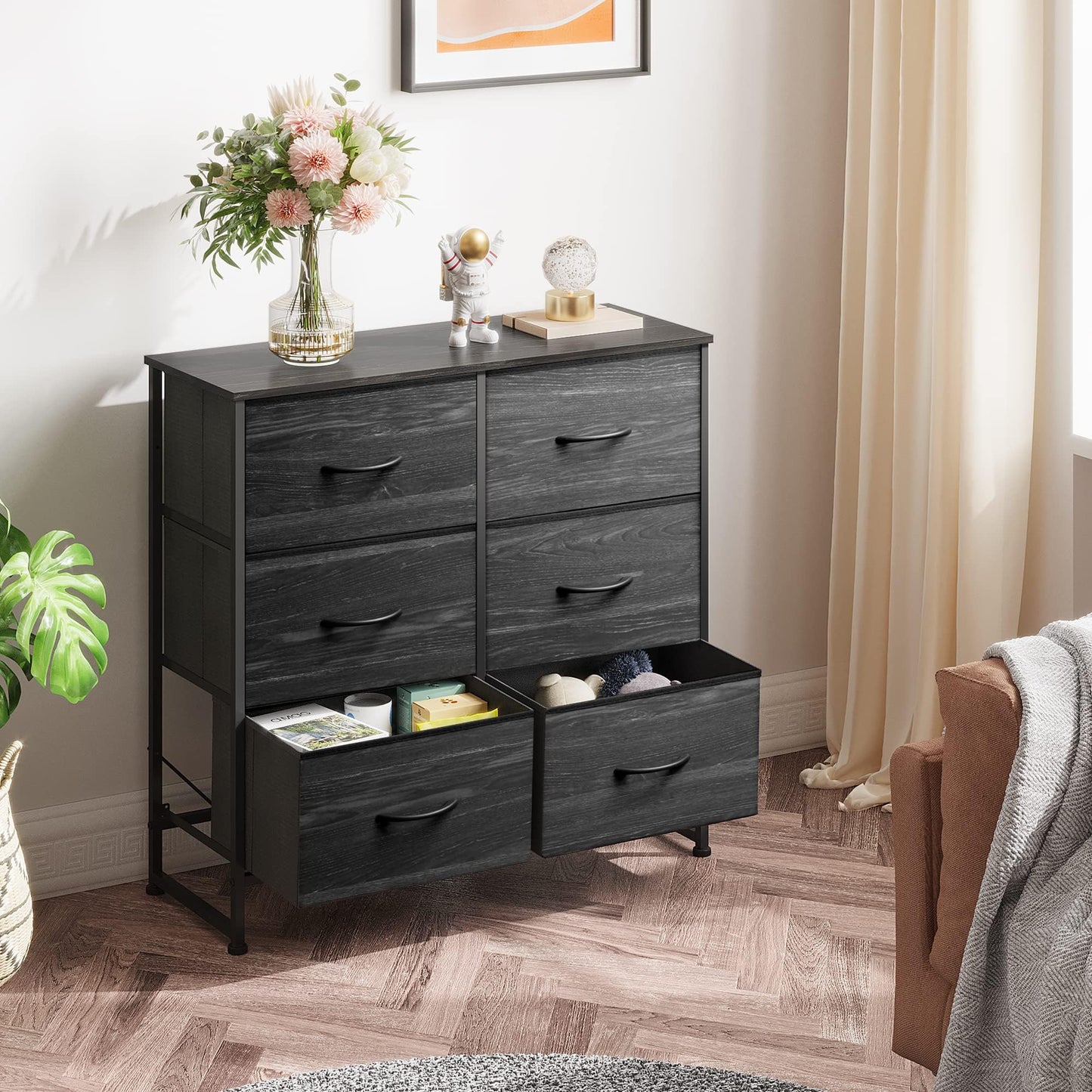 WLIVE Fabric Dresser for Bedroom, 6 Drawer Double Dresser, Storage Tower with Fabric Bins, Chest of Drawers for Closet, Living Room, Hallway, Charcoal Black Wood Grain Print