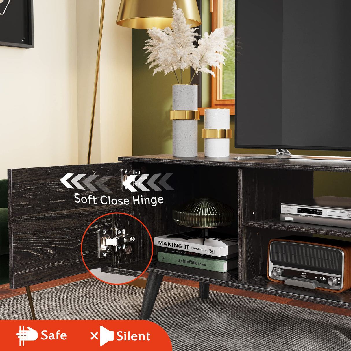 WLIVE TV Stand for 55 60 inch TV, Modern Entertainment Center with Storage Cabinets, Mid Century TV Console Table for Bedroom, TV Stand for Living Room, Charcoal Black WLIVE