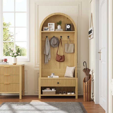 LSKTGA 70.86-inch Entryway Hall Tree, Farmhouse-Style Wooden Coat Rack Freestanding, Entryway Organizer with Four Hooks, Standing Shoe Rack with Bench for Hallways, Foyers, and Living Rooms, Natural LSKTGA