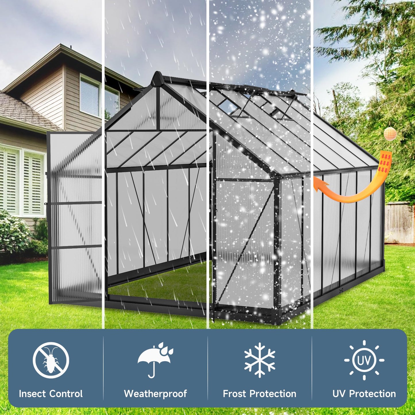 ANYAGREE 8' x 12' Thicked Polycarbonate Greenhouse, Greenhouse with Double Flush Door, Rain Gutter and Ventilation Window, Green House for Sunroom, Garden, Backyard, Walk-in Large Winter Greenhouse