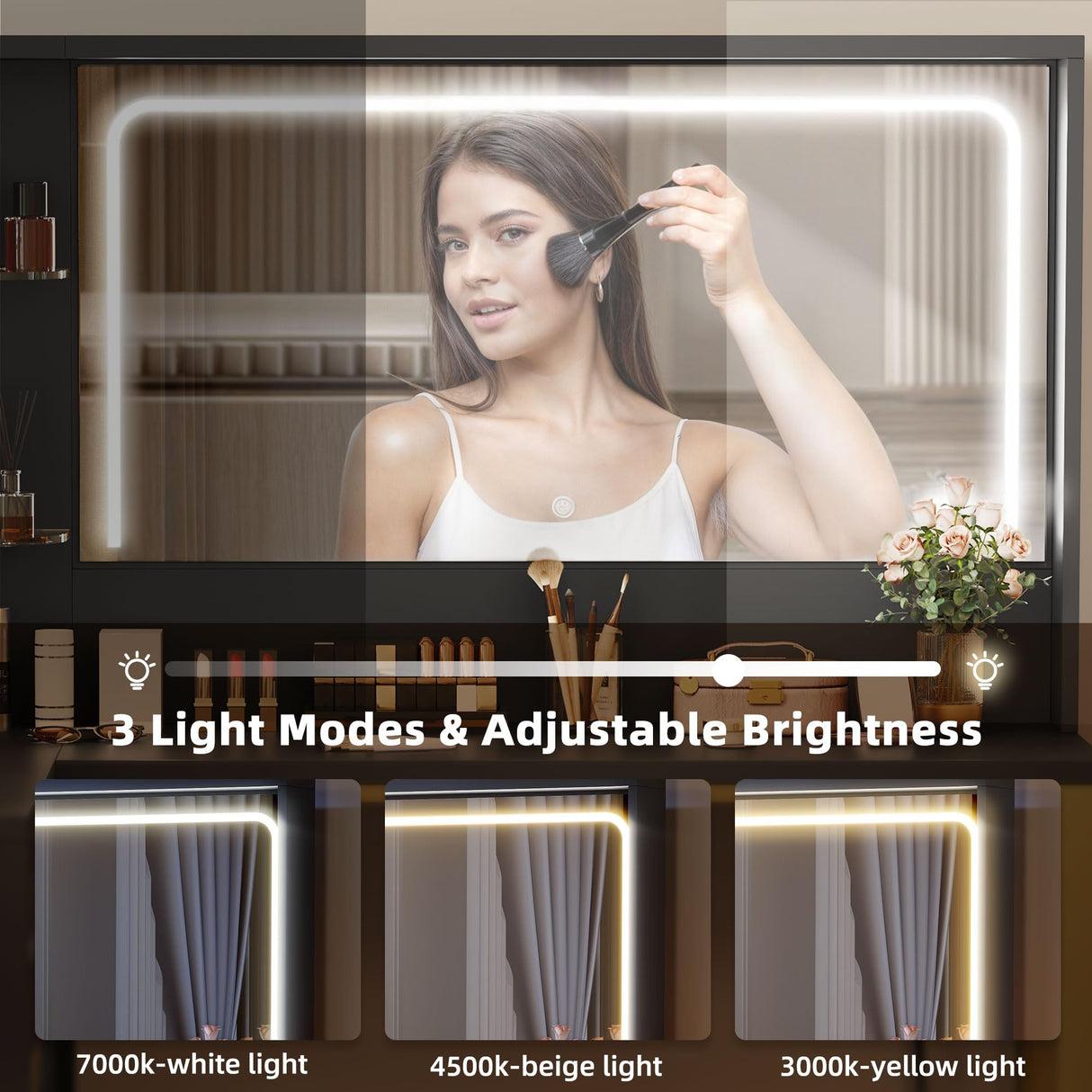 DWVO Vanity Desk with LED Lighted Mirror and 3 Lighting Modes, L-Shaped Corner Vanity, 48" Large Dressing Table with 5 Tempered Glass Drawers with Open Storage Shelves Vanity Table, Black DWVO