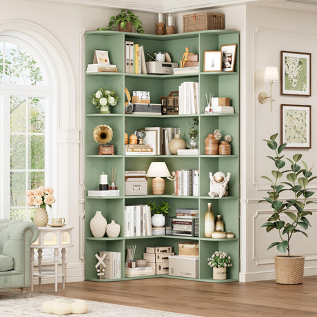 FOTOSOK 74” Tall Corner Bookshelf, 6-Tier Bookshelf and Bookcase with Open Storage, Tall Bookcases Wooden Storage Shelves for Home Office, Thickened Boards for Better Load Bearing, Green FOTOSOK