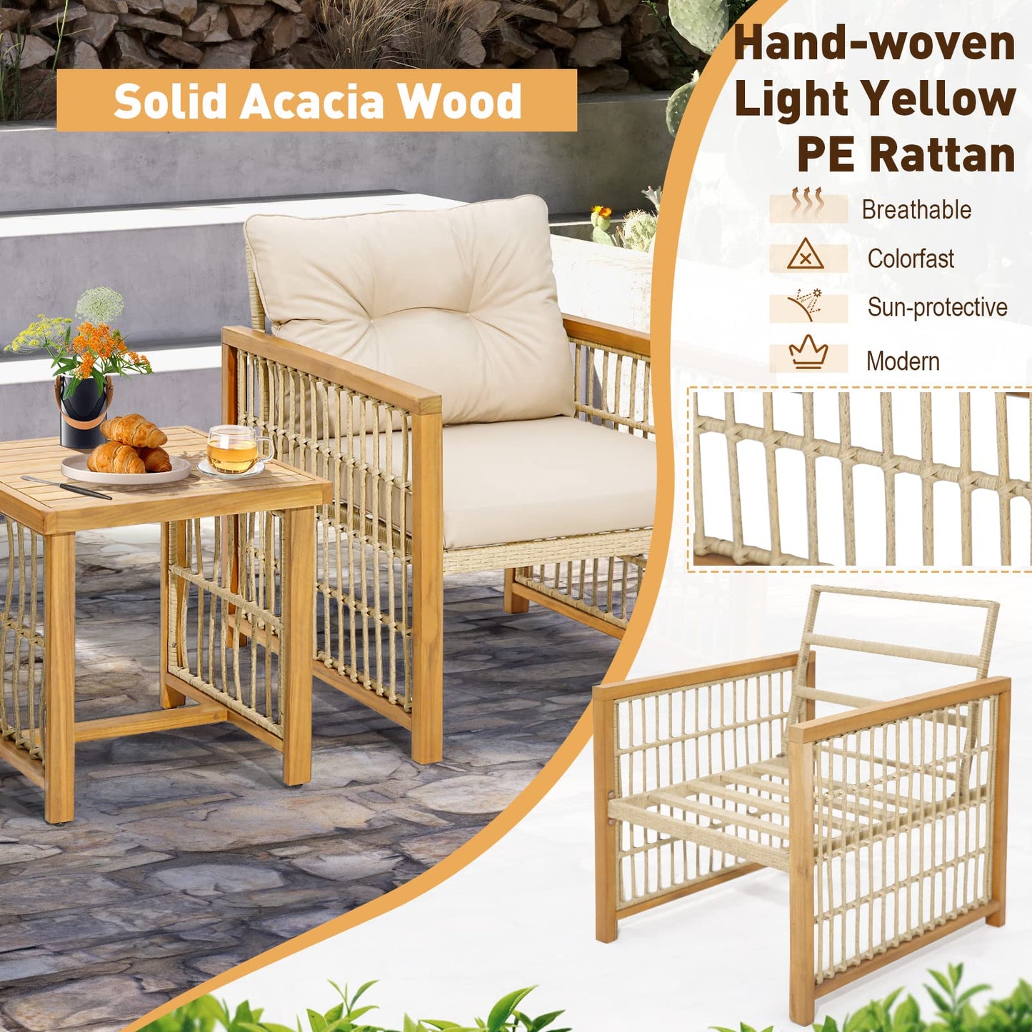 Tangkula 3 Pieces Acacia Wood Patio Furniture Set, PE Wicker Bistro Set with Cushioned Chairs and Coffee Table, Outdoor Conversation Set for Porch, Deck, Balcony, Backyard (Beige) - WoodArtSupply