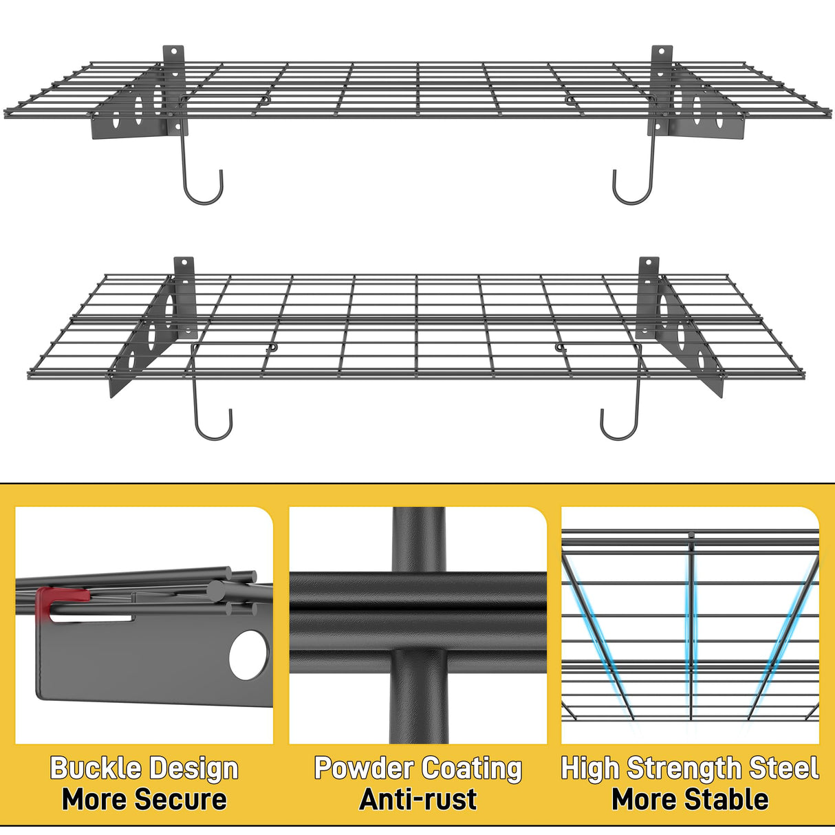 Ultrawall Garage Wall Shelves, 2 x 4 ft Wall Mounted Storage Shelves, Heavy Duty Wall Shelving with Hooks, Holds Up to 220 Lbs, 2Pack, Black Ultrawall