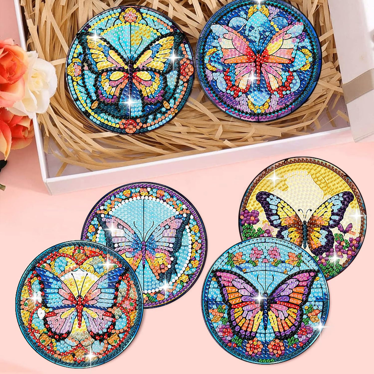 Zythron 8 PCS Butterfly Diamond Art Coasters Diamond Painting Coasters Kits with Holder Butterfly DIY Coaster for Beginners, Adults, Diamond Art Crafts Supplies 4x4 in Zythron