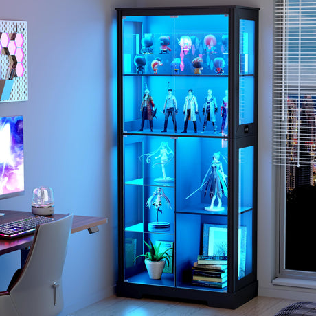 Lvifur 71” Display Cabinet with Glass Doors, Modern Curio Cabinet with 3 Color Lights, 7-Tiers Glass Display Cases for Collectibles, Tall Lego Storage Cabinet with Human Body Sensor (Black) Lvifur