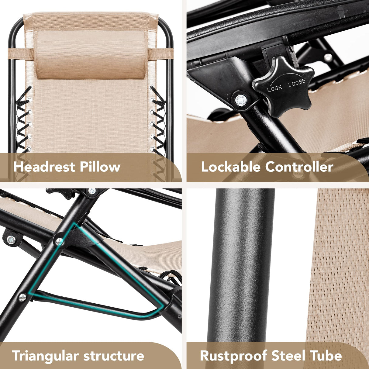 Devoko Patio Zero Gravity Chair Outdoor Folding Adjustable Reclining Chairs Pool Side Using Lawn Lounge Chair with Pillow Set of 2 (Beige) Devoko