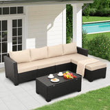 Rattaner Outdoor Sectional Wicker Patio Furniture Long Patio Couch with Ottoman and Outdoor Storage Table 4 Pieces Patio Furniture Set Weathering Anti-Slip Cushions Waterproof Covers, Khaki Rattaner