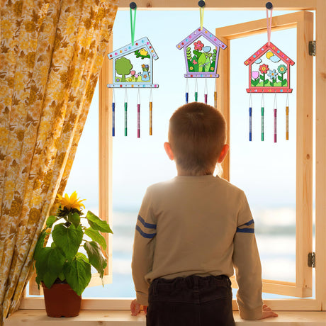 12PCS Birdhouse Wind Chime Kit for Kids Make Your Own Hollow Out Bird House Wind Chime DIY Coloring Wood Crafts Spring Wooden Arts and Crafts for Boys Girls School Activities Party Decoration TREACLUB