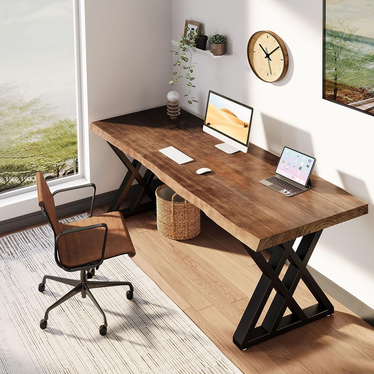 QZYJKJ Solid Wood Computer Desk Study Office Desk 55" Writing Desk, Modern Simple Style PC Table, Black Metal Frame, Solid Wood Planks 55" D x 27" W x 29" H for Home Office Bedroom,Rustic Brown