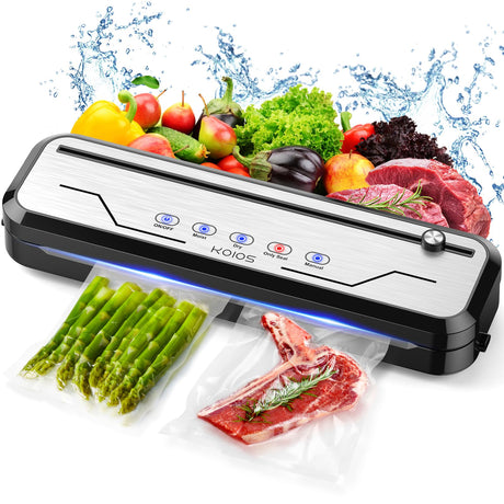 Vacuum Sealer for Food, Multi-Functional Vacuum Sealer Machine Compact Air Sealing System with Build-in Cutter, LED Indicator Dry & Moist Modes with 15 Vacuum Bags for Food Vacuum Sealing (Silver) KOIOS