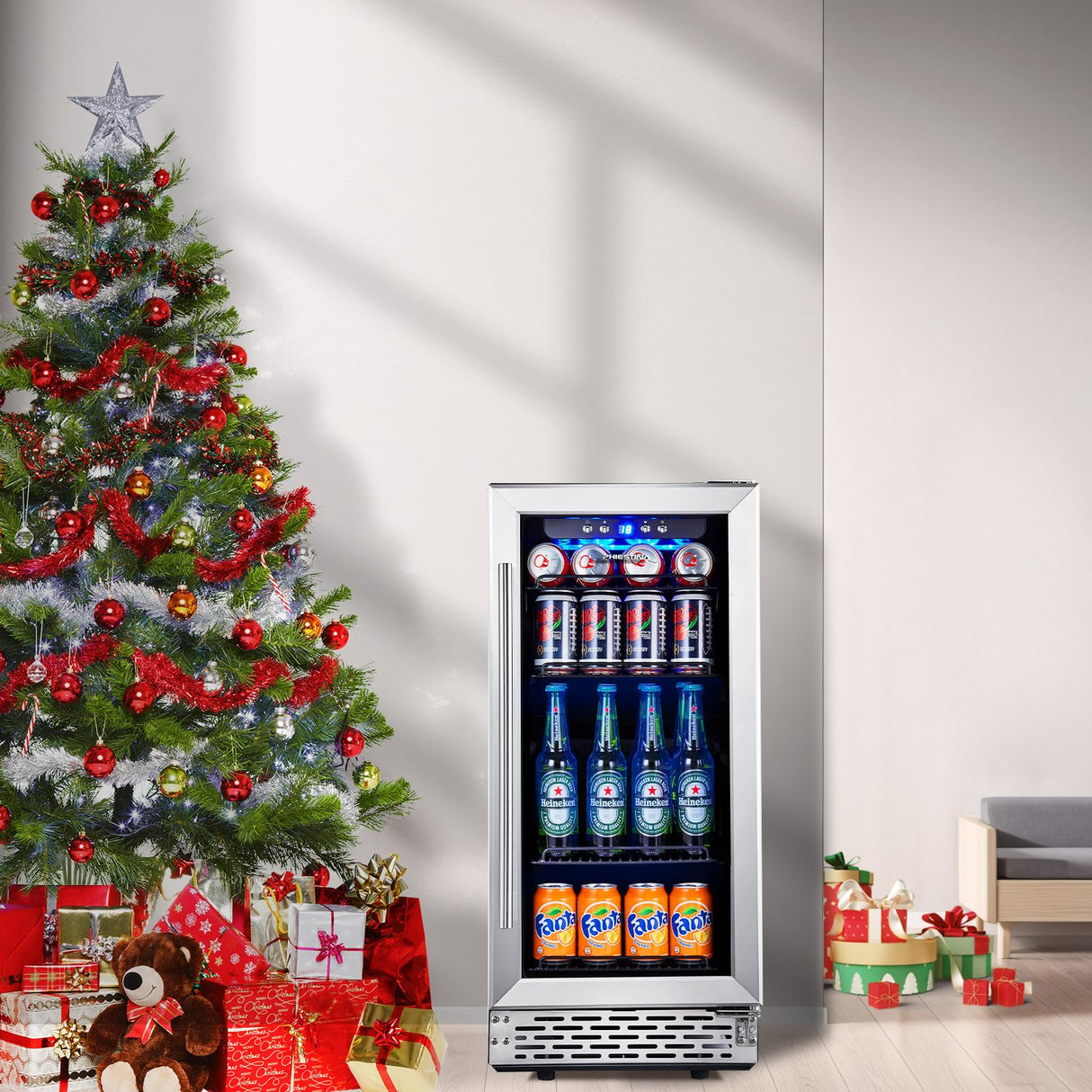 Beverage Refrigerator, Phiestina15 Inch 96 Cans Beverage Cooler Small Wine Fridge Built-in or Freestanding with Auto Defrost,Glass Door & Removable Shelves for Drink Sodas Beer Wine Phiestina