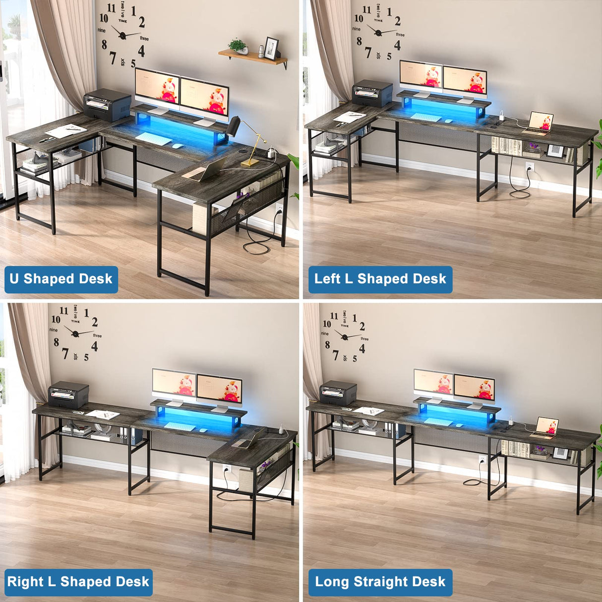 Unikito 130 Inch Versatile U Shaped Office Desk with Smart LED Lighting and Integrated Power Outlet, Stylish Black Oak Unikito