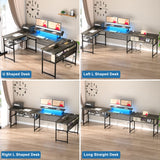 Unikito 130 Inch Versatile U Shaped Office Desk with Smart LED Lighting and Integrated Power Outlet, Stylish Black Oak Unikito