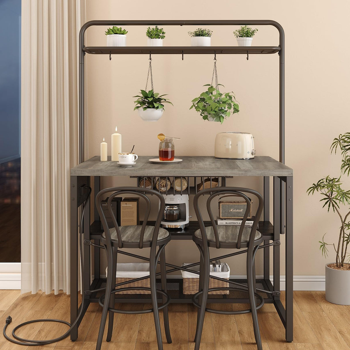 Jocoevol 46" Large Kitchen Island Table Baker Rack with Power Outlet and 3-Tier Storage-Microwave Stand Oven Shelf, Metal Coffee Bar Table,Kitchen Storage Shelf for Dining Living Room, 5 Hooks,Grey Jocoevol