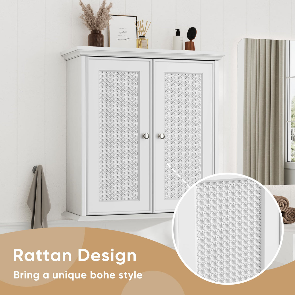 Smuxee White Bathroom Cabinet Wall Mounted with Rattan Doors, Bathroom Medicine Cabinet with Adjustable Shelf, Bathroom Wall Cabinet Over Toilet for Laundry Room Kitchen Smuxee