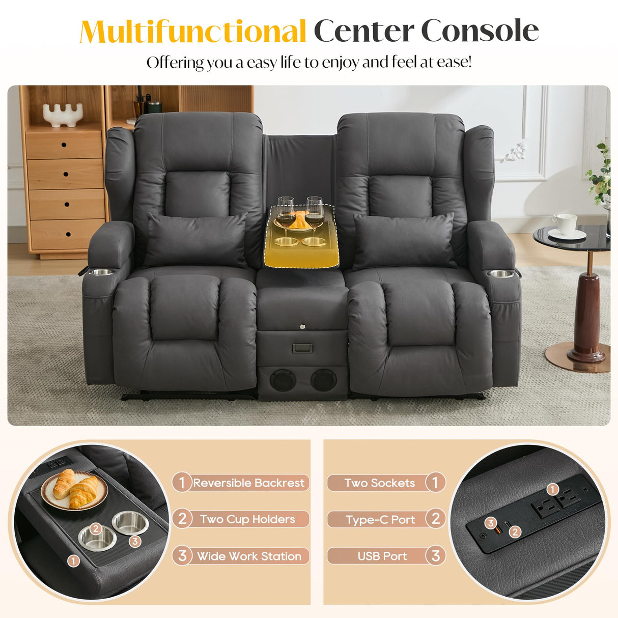 DRMBOOK Loveseat Rocker Recliner Sofa, Leathaire Fabric Dual Reclining Couch with Console, Manual Reclinable Double Seat 2 Person Recliner, RV Movie Seating for Travel Trailers Living Room (Drak Grey) DRMBOOK