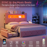 Full Upholstered LED Bed Frame with 2 Storage Drawers and 2-Tier Storage Headboard, Velvet Princess Platform Bed with Charging Station & Bookcase, Heavy Duty Metal Support, No Box Spring Needed, Pink Jocoevol