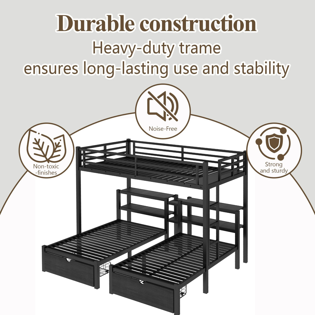 Harper & Bright Designs Triple Bunk Bed for Kids, Full XL Over Twin Over Twin Metal Bunk Beds with Drawers & 2 Shelves & USB, Triple Bunk Beds for Kids,Teens, Adults, Black Harper & Bright Designs