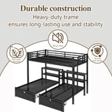 Harper & Bright Designs Triple Bunk Bed for Kids, Full XL Over Twin Over Twin Metal Bunk Beds with Drawers & 2 Shelves & USB, Triple Bunk Beds for Kids,Teens, Adults, Black Harper & Bright Designs