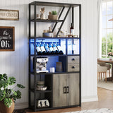 GarveeHome Wine Bar Cabinet with LED Lights, Tall Coffee Bar Station with Power Outlets and Wine Rack, Kitchen Microwave Stand Bakers Rack Cabinet for Living Room GarveeHome