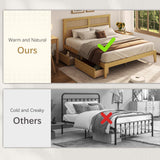 Olodumare Boho King Platform Bed Frame with Rattan Headboard, Modern Natural Bohemian Solid Wood Bed with 2 Under Bed Storage Drawers, Squeak-Free, No Box Spring Needed, Easy Assembly, Honey Oak Olodumare