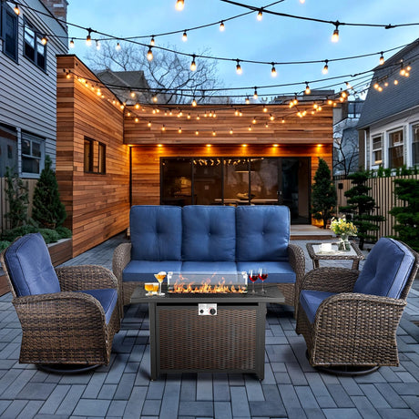 HUMMUH 5-Piece Patio Furniture Set with Fire Pit,Wicker Outdoor Swivel Rocker Chairs Patio Sofa for Backyard,Poolside,Deck HUMMUH