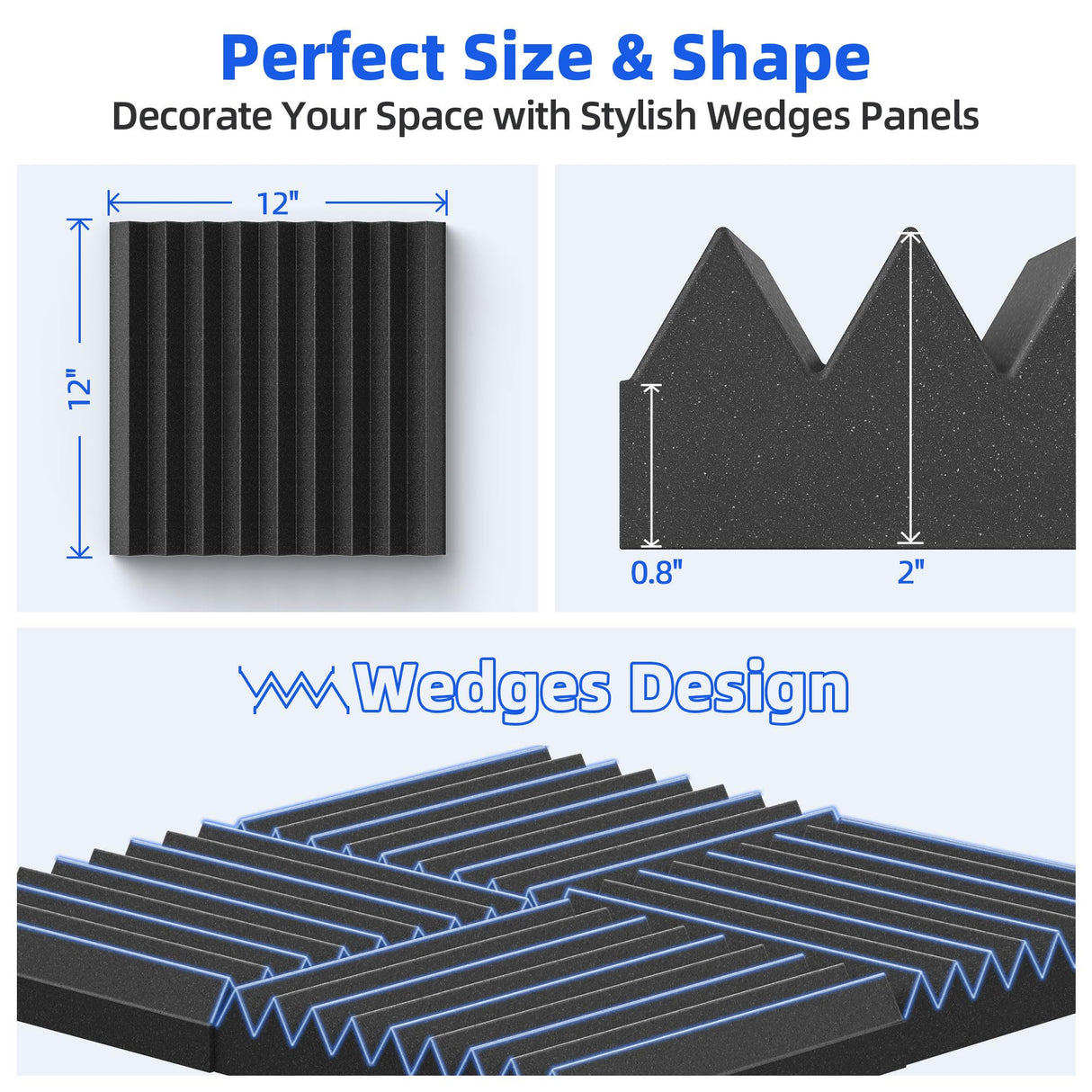 12 Pack Sound Proof Foam Panels for Wall with Self Adhesive, 2" X 12" X 12" High Density Acoustic Panels Sound Absorbing Quick-Recovery, Wedges Soundproof Wall Panels for Gaming & Studio Decor - Black NEPIS