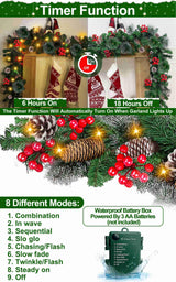 Auto Timer & 8 Modes 9Ft by 10 Inch 50 LED Prelit Christmas Garland Decorations Warm Lights Thick 270 Lifelike Snowy Tips 70 Red Berries 10 Pinecones Xmas Garland Fireplace Door Stairs Home Outdoor Camlinbo