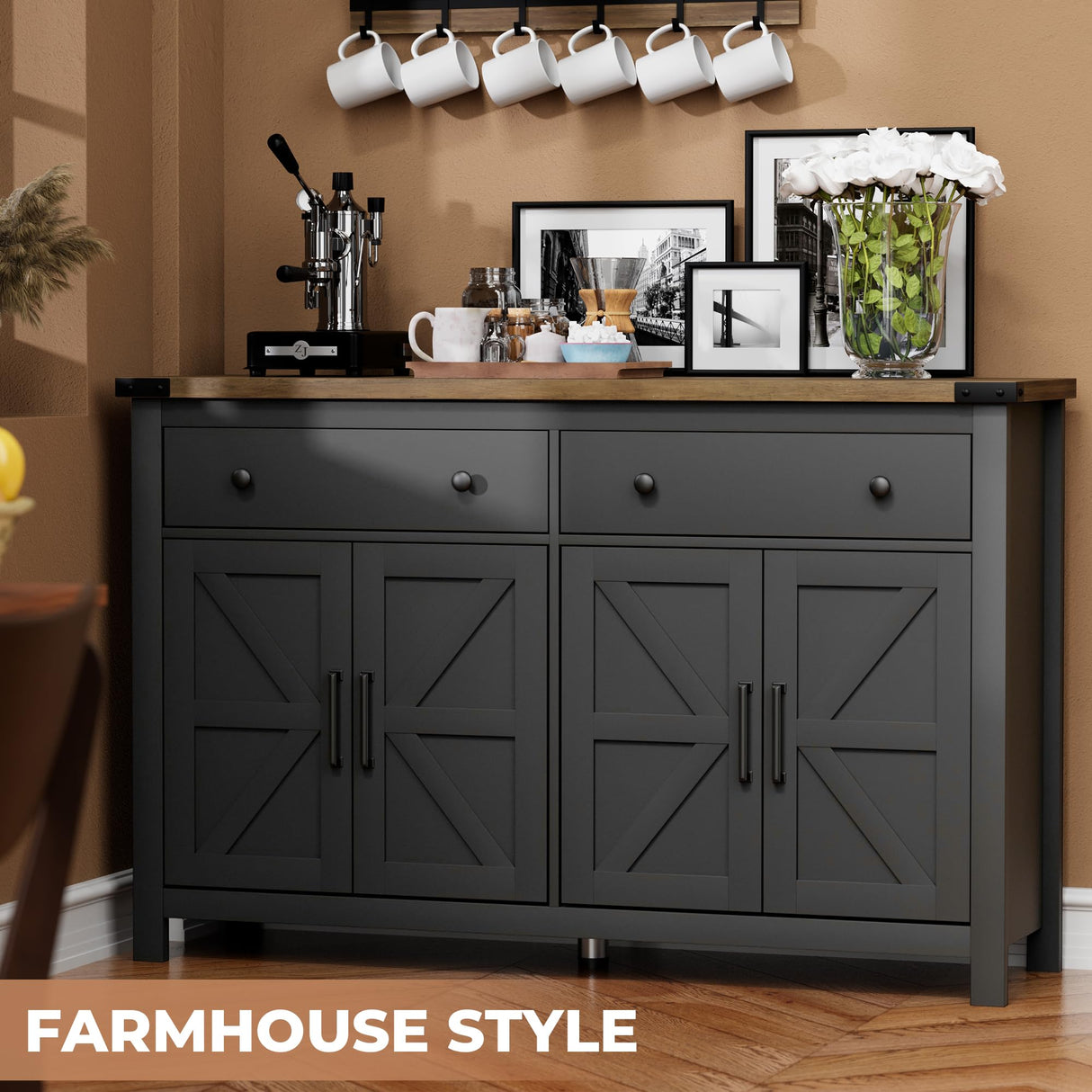 VVFLU 55" Sideboard Buffet Cabinet with Storage, Coffee Bar Cabinet with 2 Drawers and 4 Barn Doors, Long Storage Cabinet Modern Farmhouse, Black Wood, for Kitchen, Dining Room, Living Room VVFLU